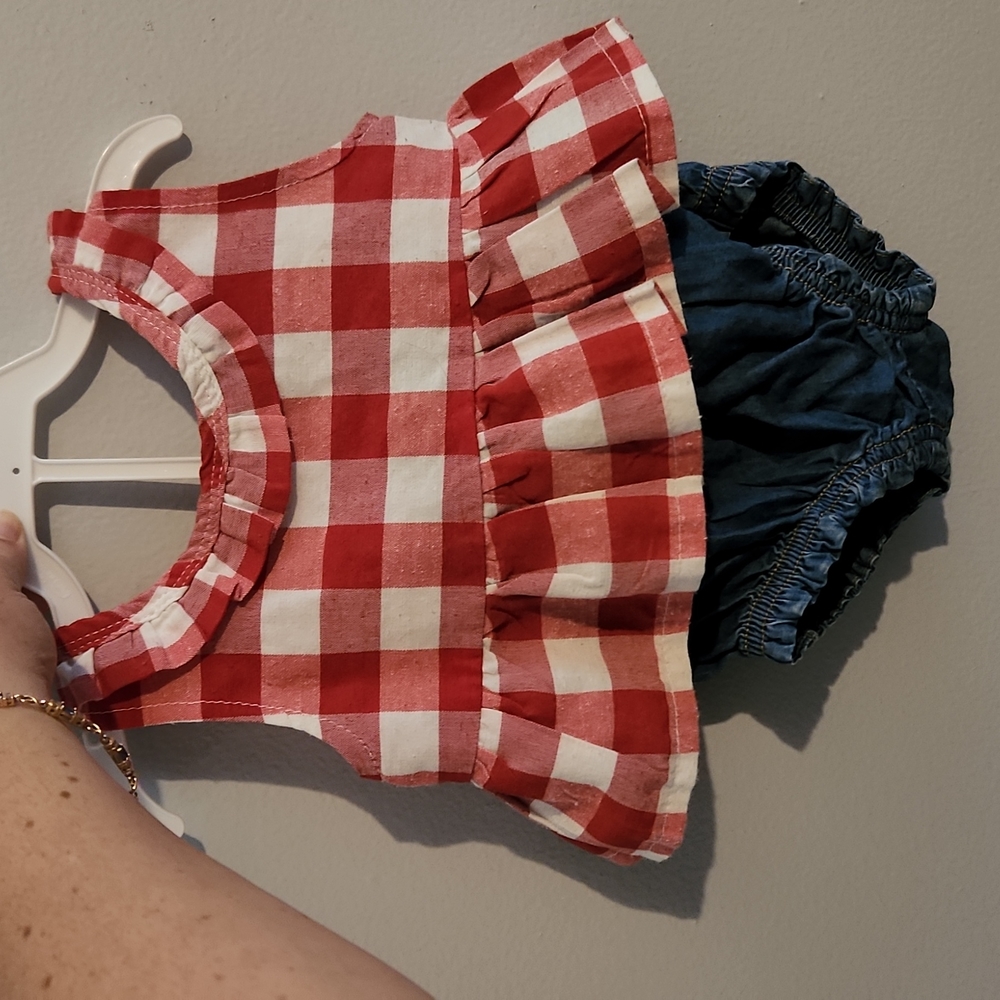 Baby Daisy Duke Outfit, 12 months, country girl, farmer, denim, red and white